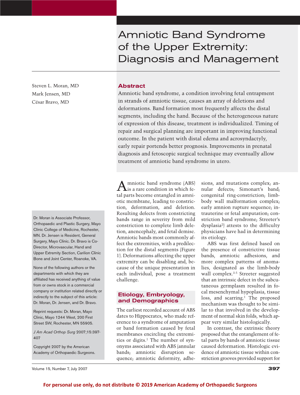 Amniotic Band Syndrome of the Upper Extremity: Diagnosis and Management