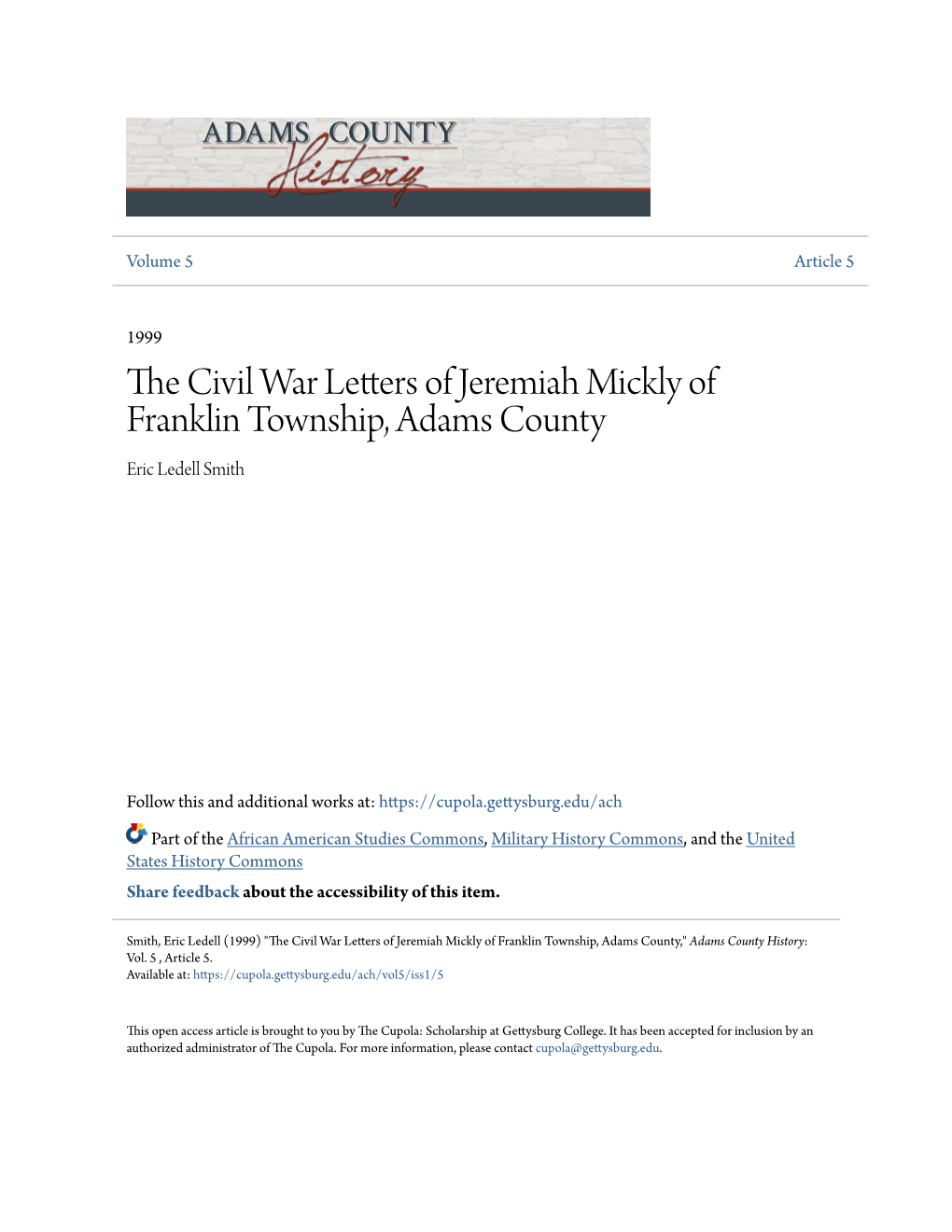 The Civil War Letters of Jeremiah Mickly of Franklin Township, Adams County