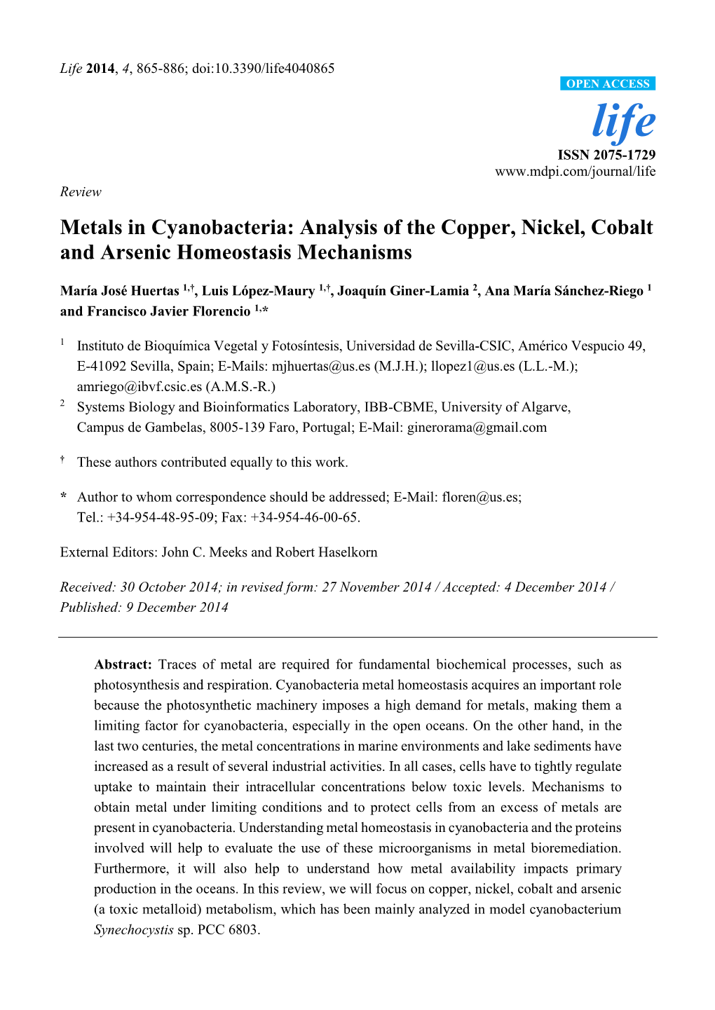 Metals in Cyanobacteria: Analysis of the Copper, Nickel, Cobalt and Arsenic Homeostasis Mechanisms