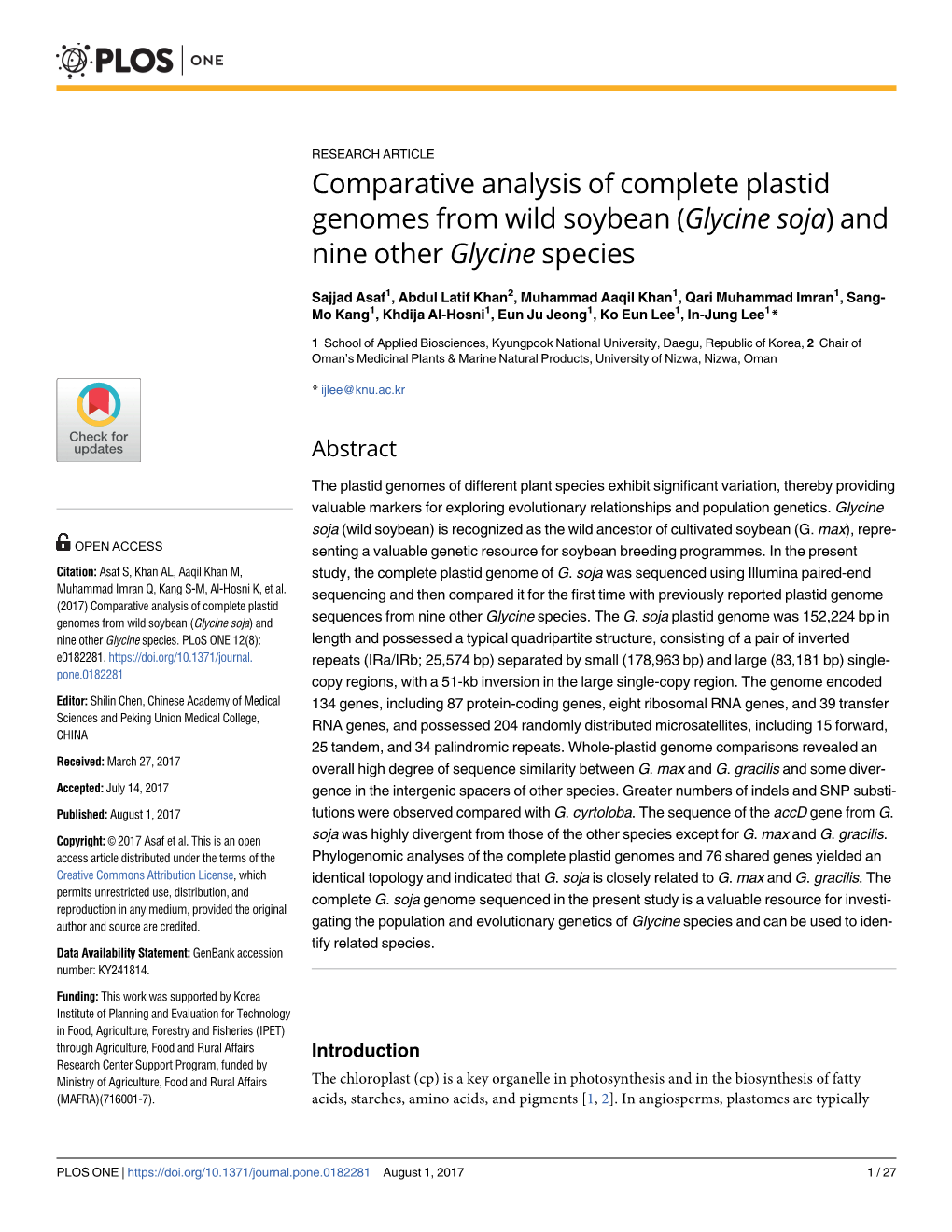 Comparative Analysis of Complete Plastid Genomes from Wild Soybean (Glycine Soja) and Nine Other Glycine Species
