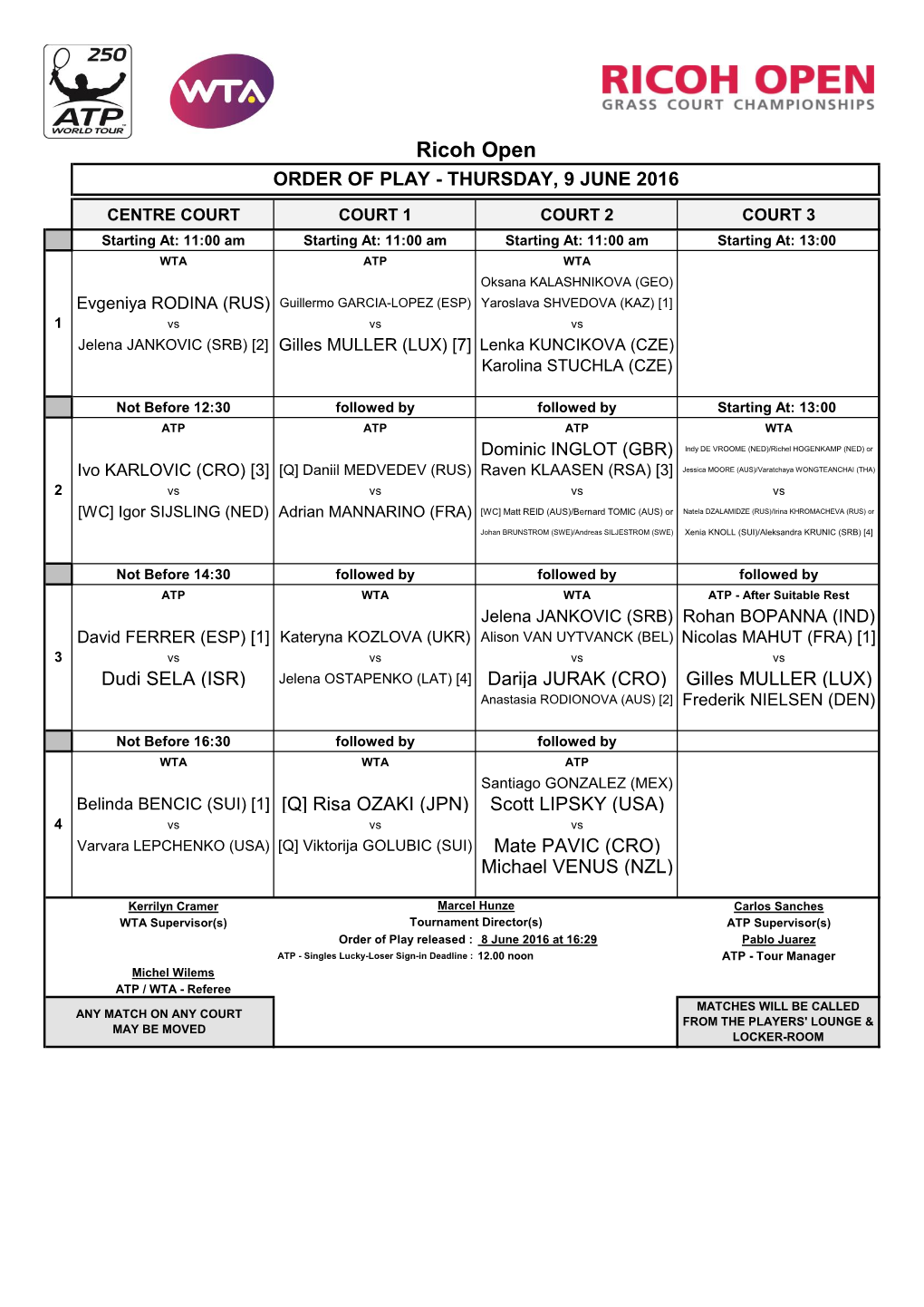 Ricoh Open ORDER of PLAY - THURSDAY, 9 JUNE 2016