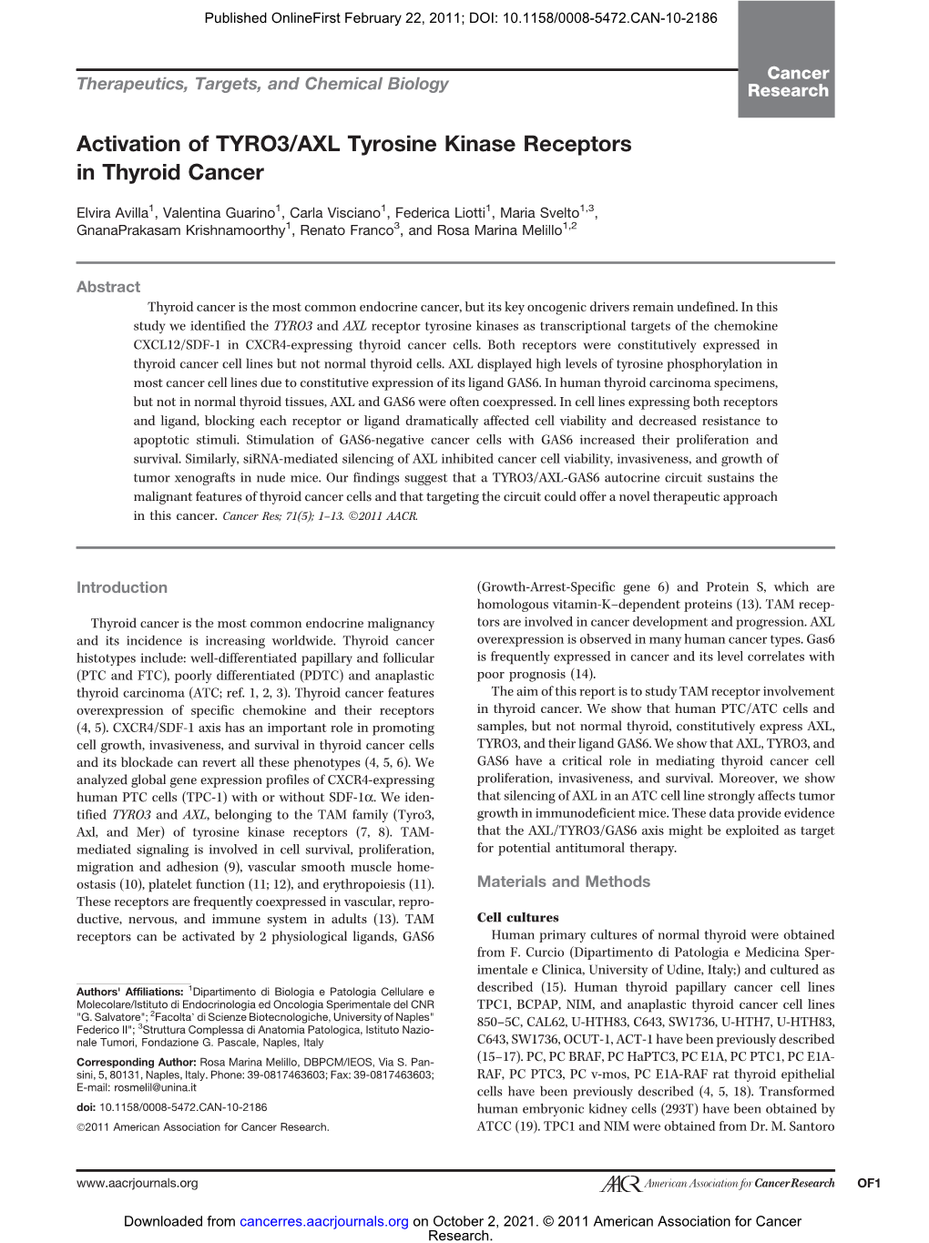 Activation of TYRO3/AXL Tyrosine Kinase Receptors in Thyroid Cancer