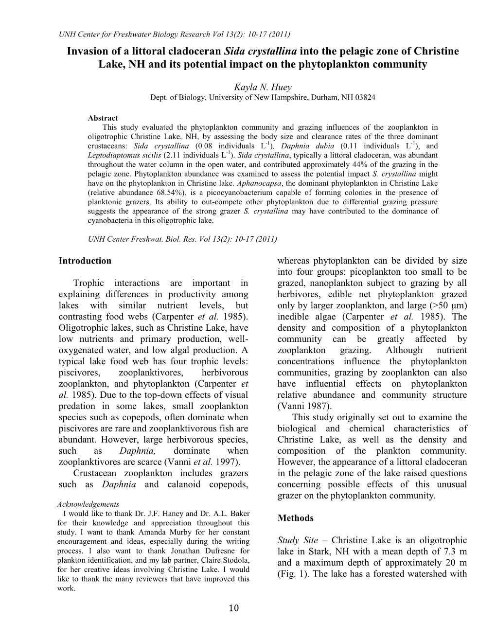 Invasion of a Littoral Cladoceran Sida Crystallina Into the Pelagic Zone of Christine Lake, NH and Its Potential Impact on the Phytoplankton Community