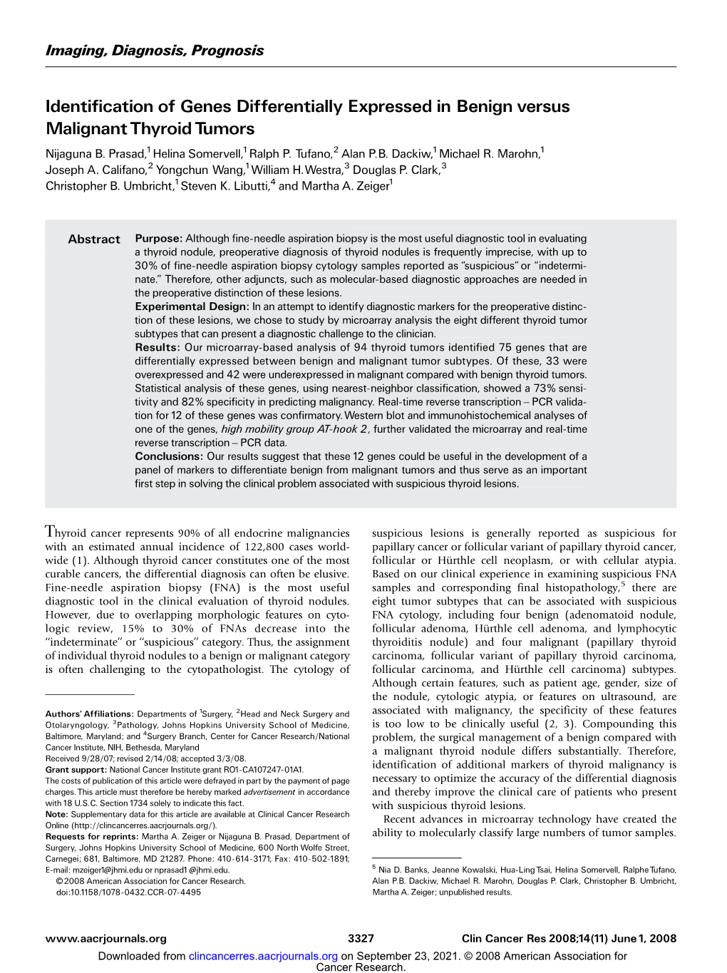 Identification of Genes Differentially Expressed in Benign Versus Malignant Thyroid Tumors Nijaguna B