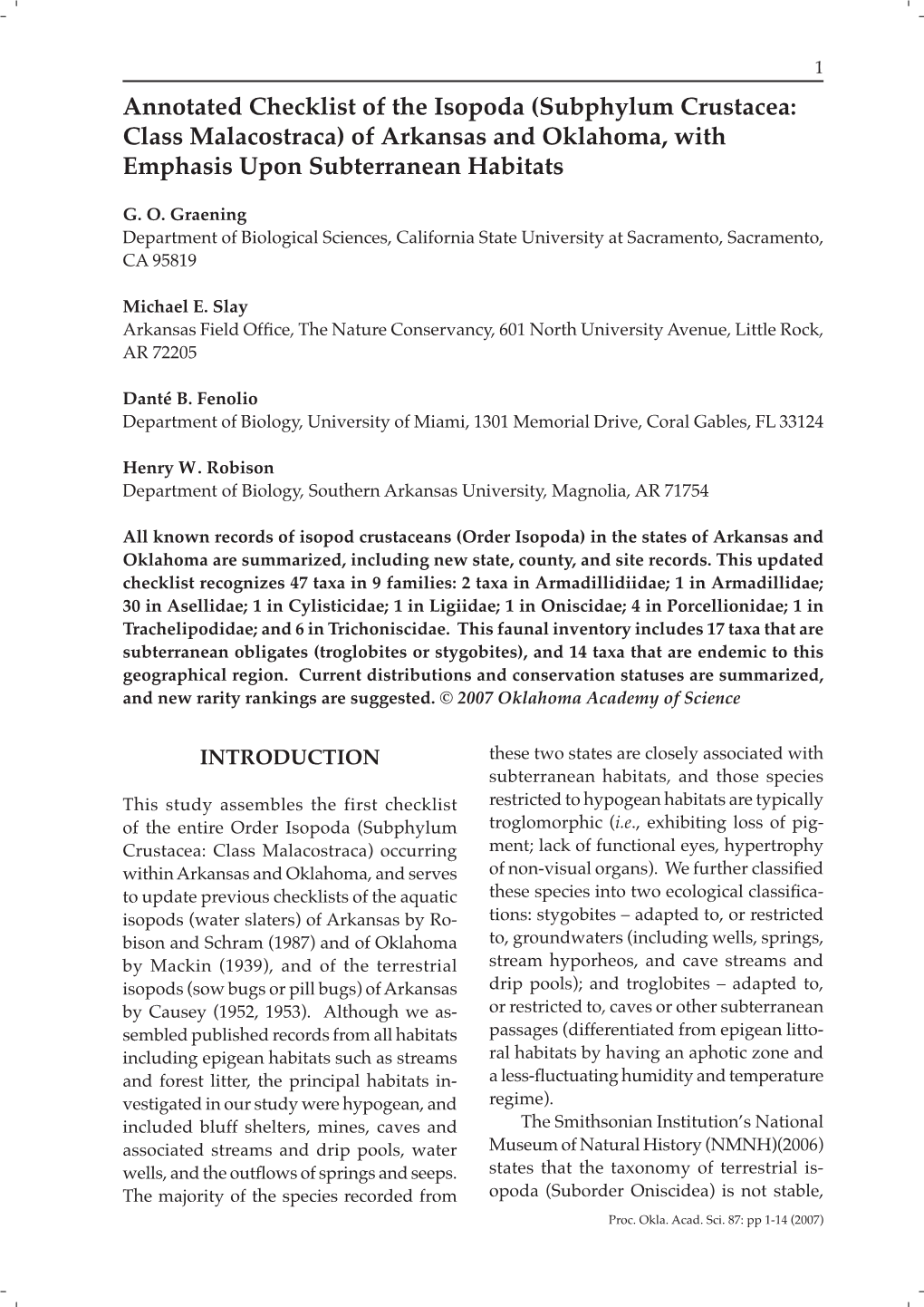 Annotated Checklist of the Isopoda (Subphylum Crustacea: Class Malacostraca) of Arkansas and Oklahoma, with Emphasis Upon Subterranean Habitats