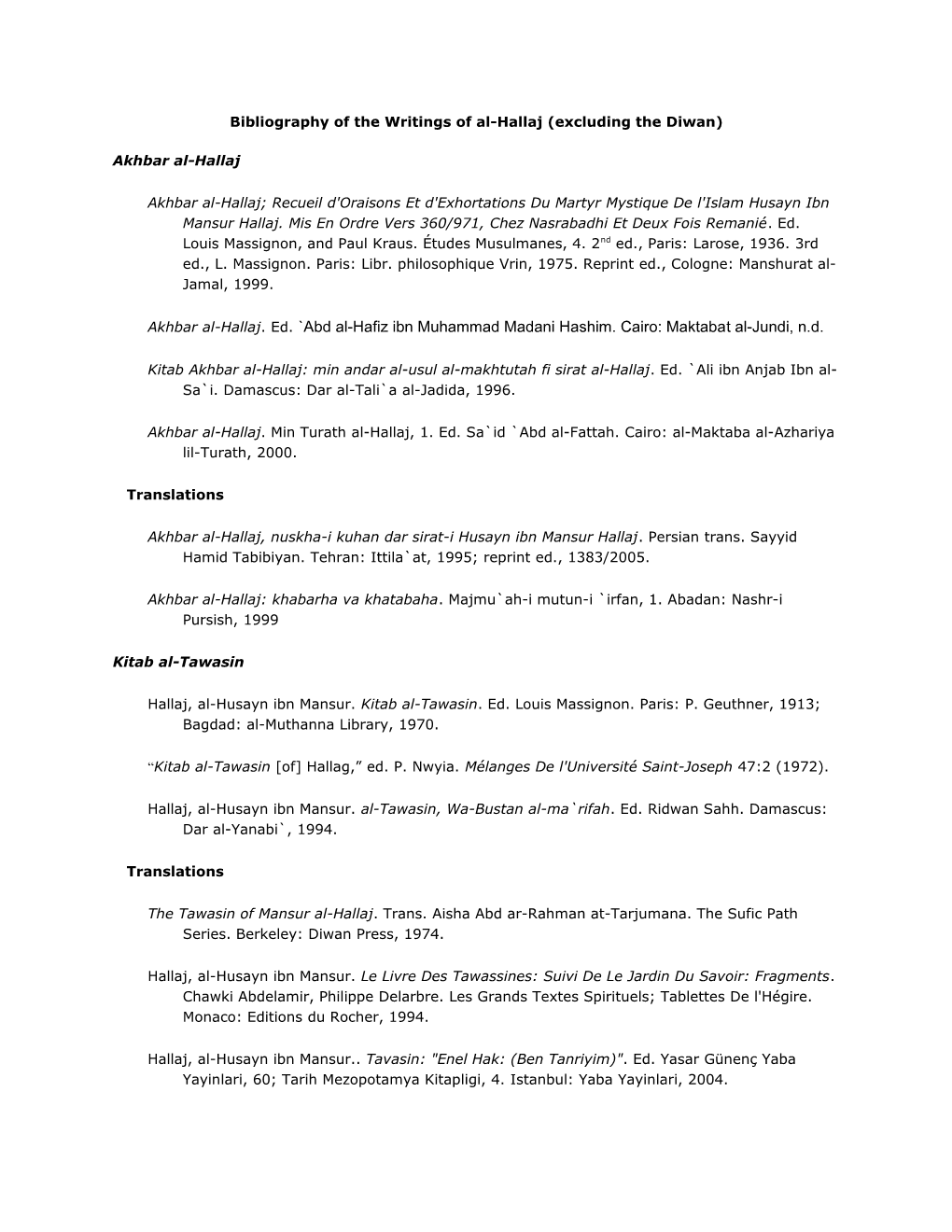 Bibliography of the Writings of Al-Hallaj (Excluding the Diwan)