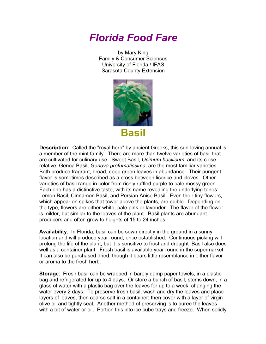 Florida Food Fare. Basil