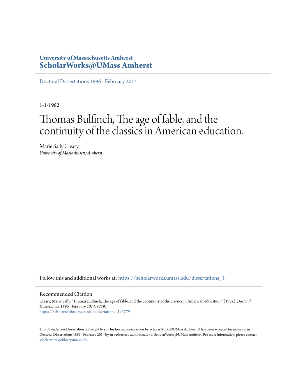 Thomas Bulfinch, the Age of Fable, and the Continuity of the Classics in American Education