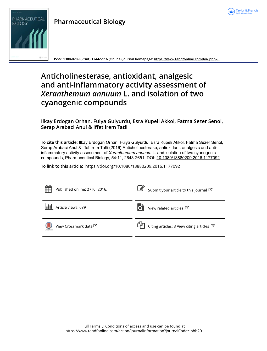 Anticholinesterase, Antioxidant, Analgesic and Anti-Inflammatory Activity Assessment of Xeranthemum Annuum L