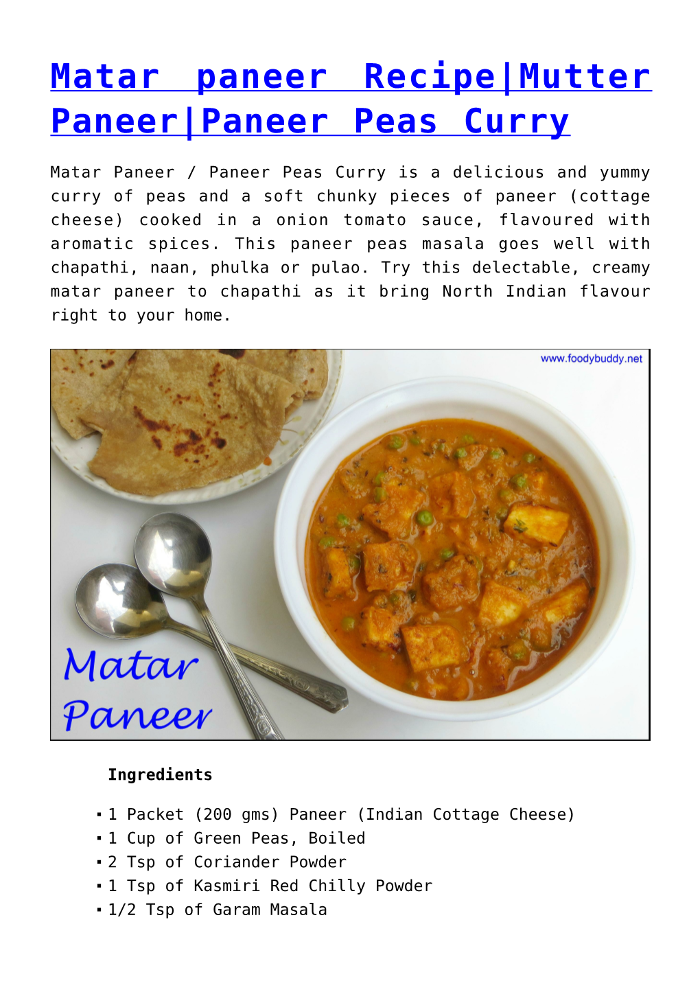 Matar Paneer Recipe|Mutter Paneer|Paneer Peas Curry