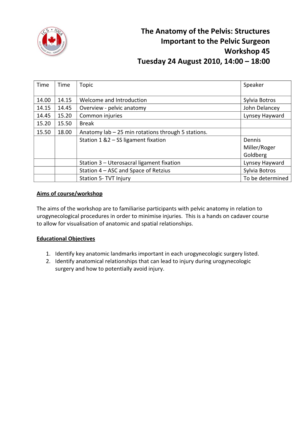 The Anatomy of the Pelvis: Structures Important to the Pelvic Surgeon Workshop 45