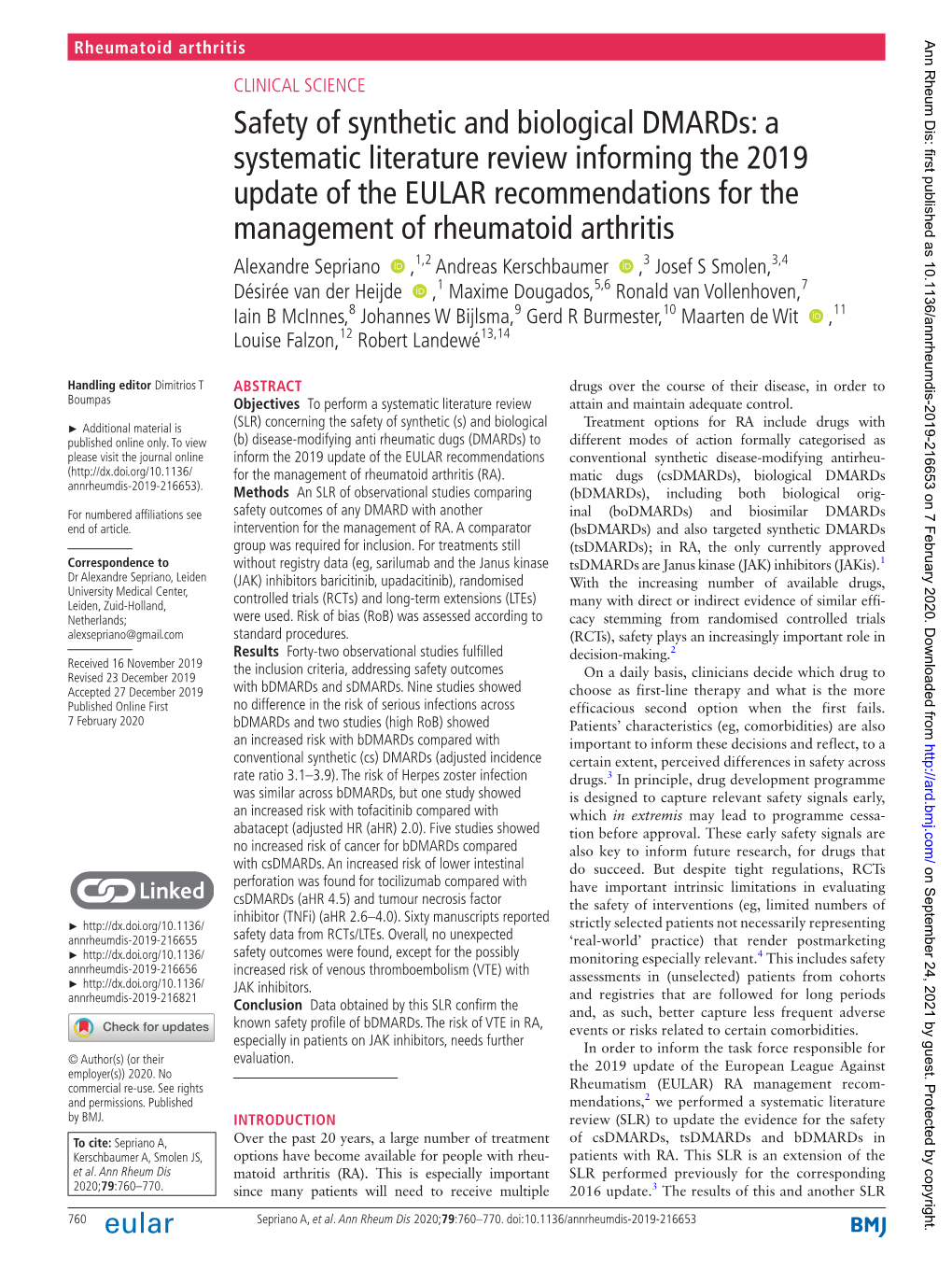 Safety of Synthetic and Biological Dmards: a Systematic Literature Review Informing the 2019 Update of the EULAR Recommendations