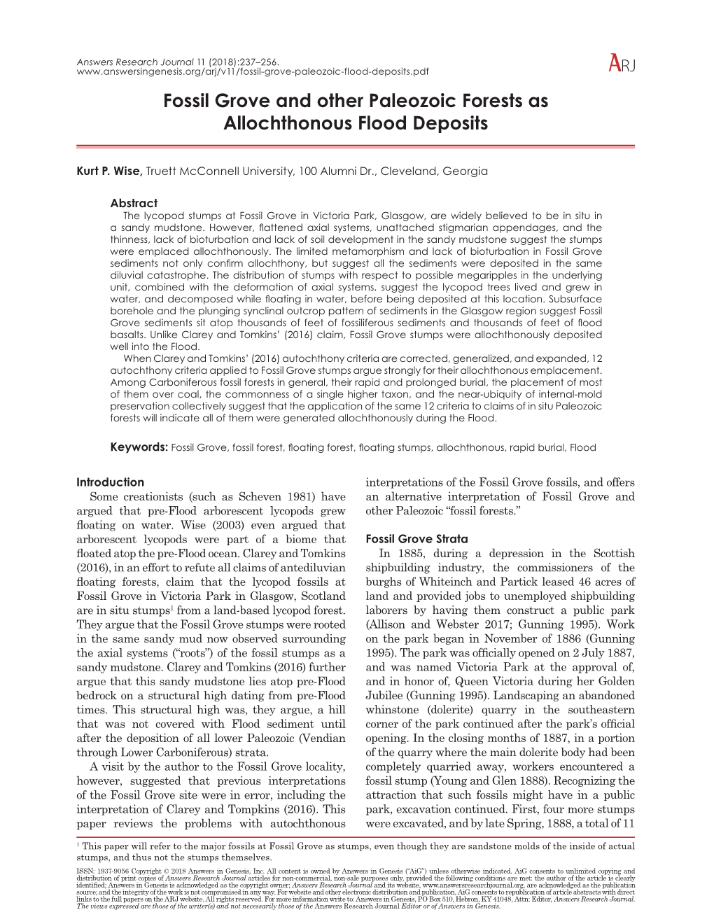 Fossil Grove and Other Paleozoic Forests As Allochthonous Flood Deposits