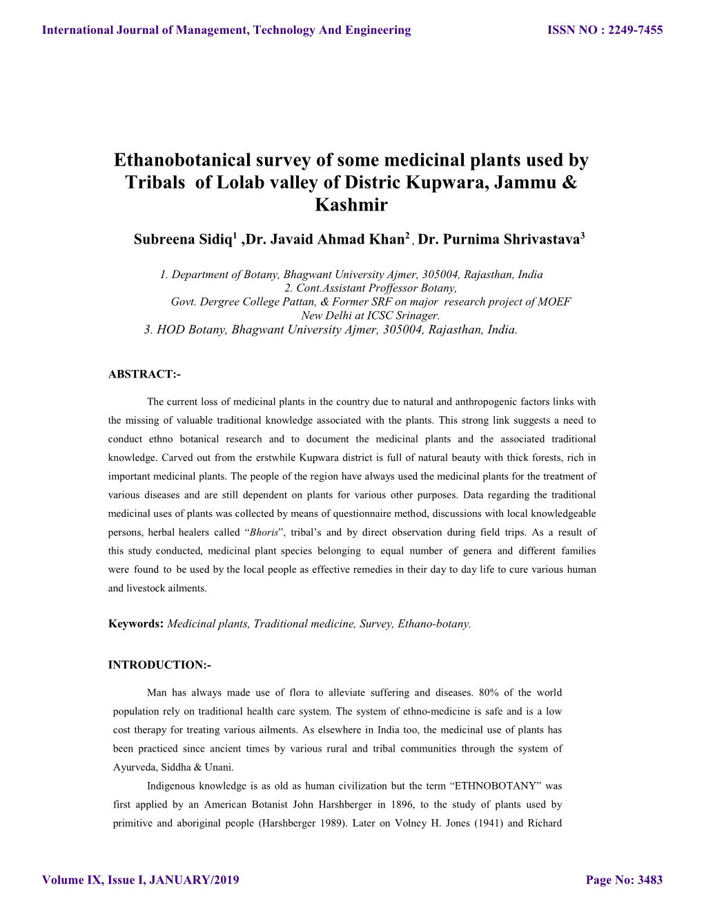 Ethanobotanical Survey of Some Medicinal Plants Used by Tribals of Lolab Valley of Distric Kupwara, Jammu & Kashmir