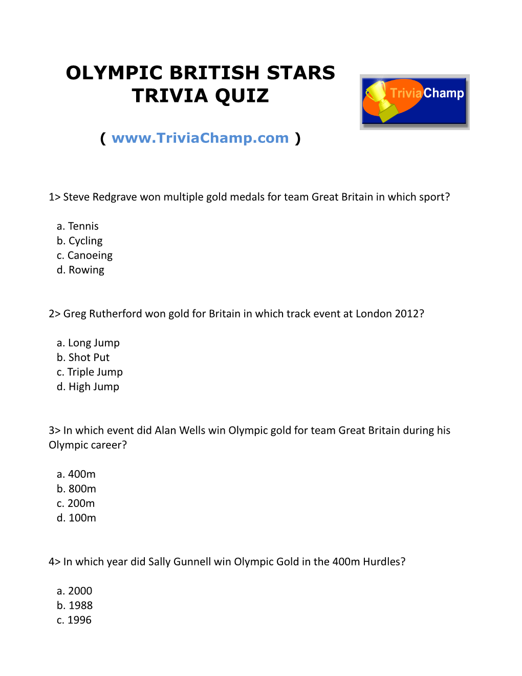 Olympic British Stars Trivia Quiz
