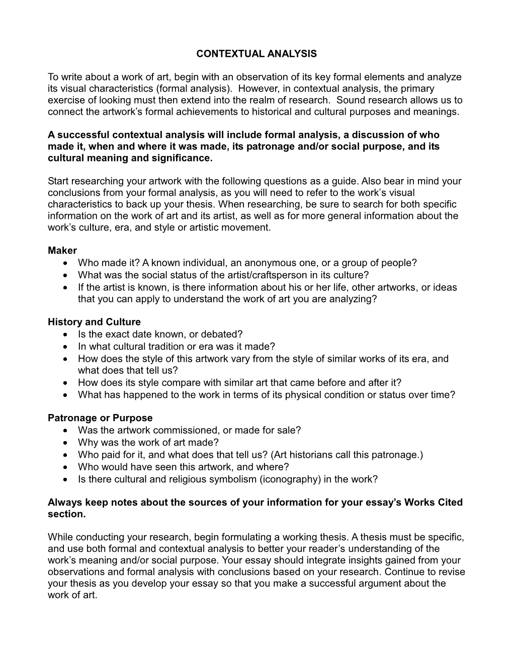 CONTEXTUAL ANALYSIS to Write About a Work of Art, Begin with an Observation of Its Key Formal Elements and Analyze Its Visual Ch
