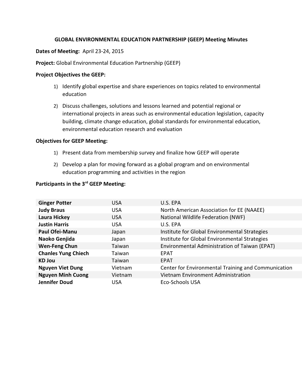 GLOBAL ENVIRONMENTAL EDUCATION PARTNERSHIP (GEEP) Meeting Minutes