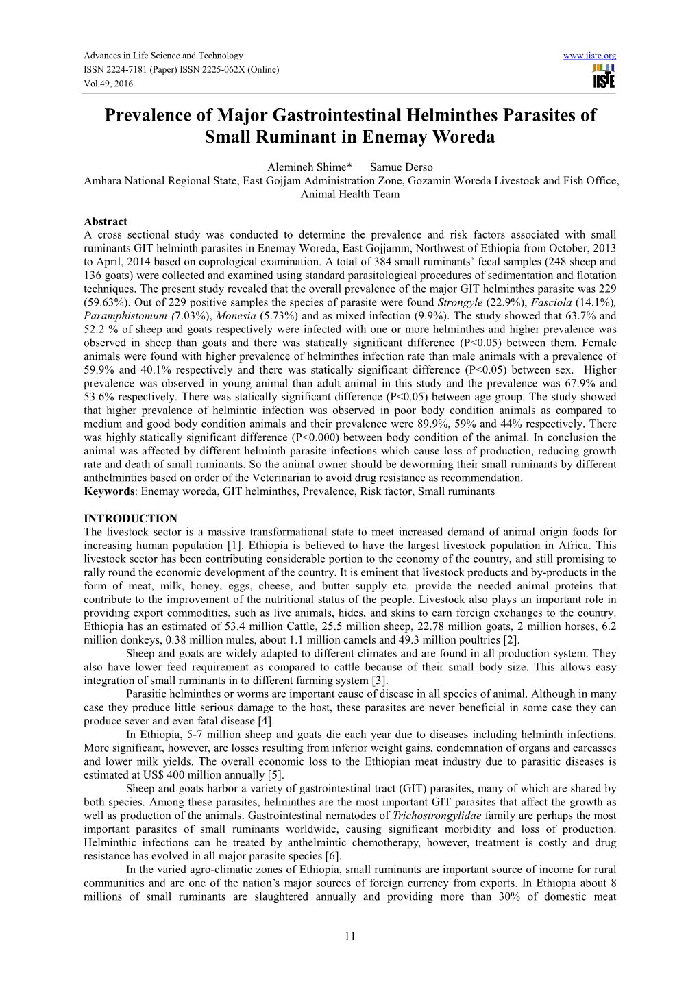 Prevalence of Major Gastrointestinal Helminthes Parasites of Small Ruminant in Enemay Woreda