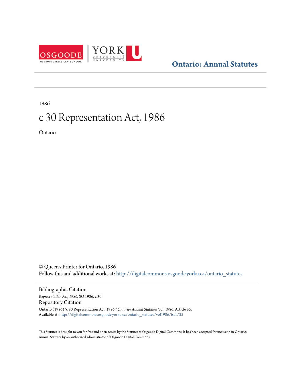 C 30 Representation Act, 1986 Ontario