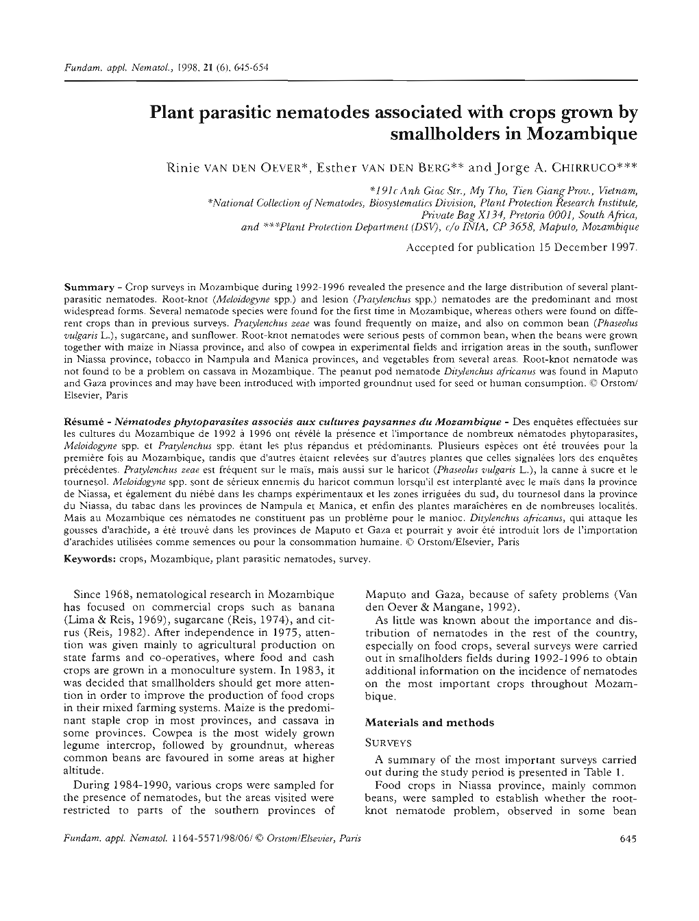 Plant Parasitic Nematodes Associated with Crops Grown by Smallholders in Mozambique