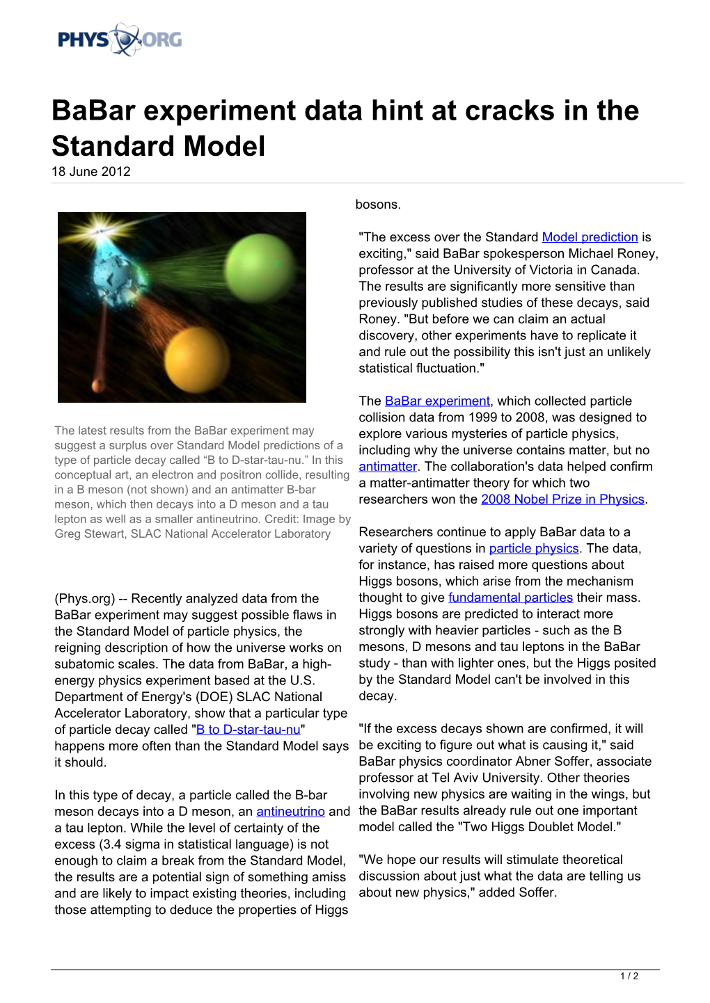 Babar Experiment Data Hint at Cracks in the Standard Model 18 June 2012