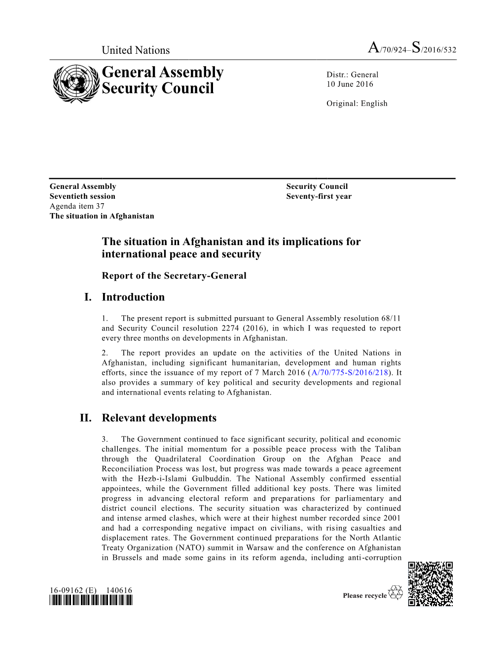 General Assembly Security Council Seventieth Session Seventy-First Year Agenda Item 37 the Situation in Afghanistan
