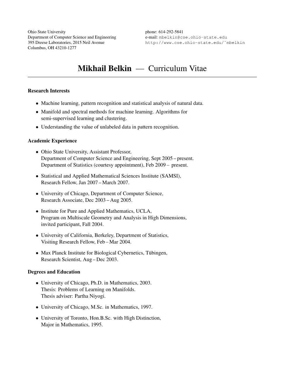 Mikhail Belkin — Curriculum Vitae