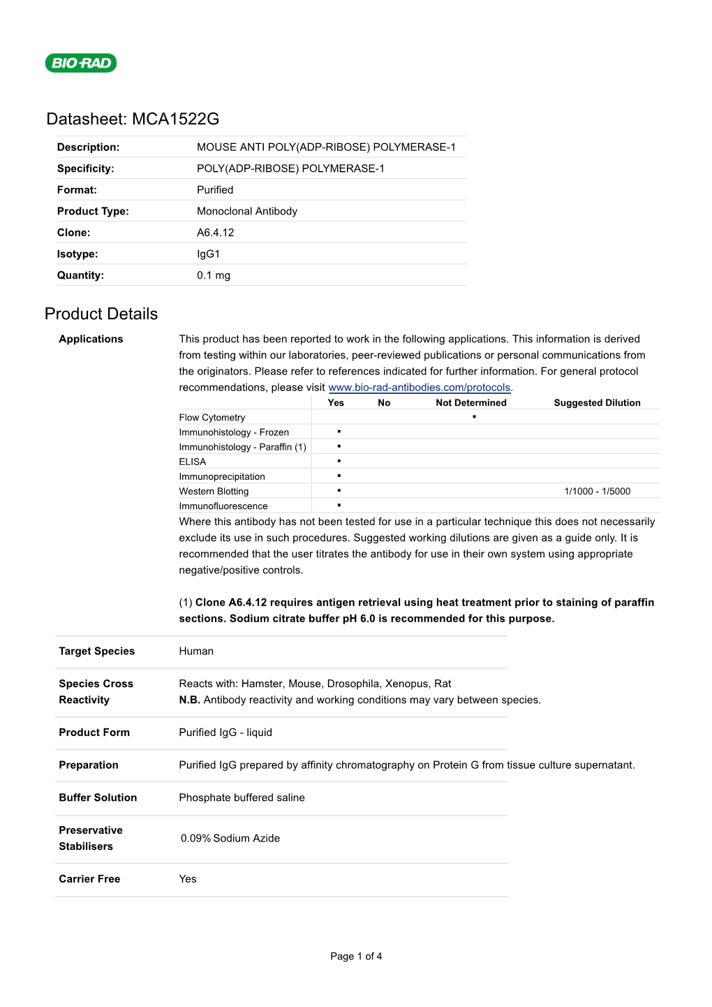 Datasheet: MCA1522G Product Details