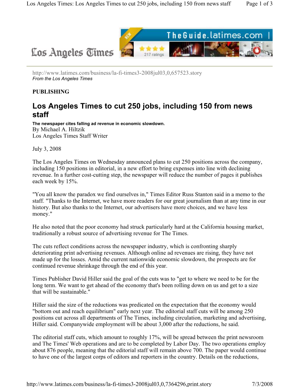 Los Angeles Times to Cut 250 Jobs, Including 150 from News Staff Page 1 of 3