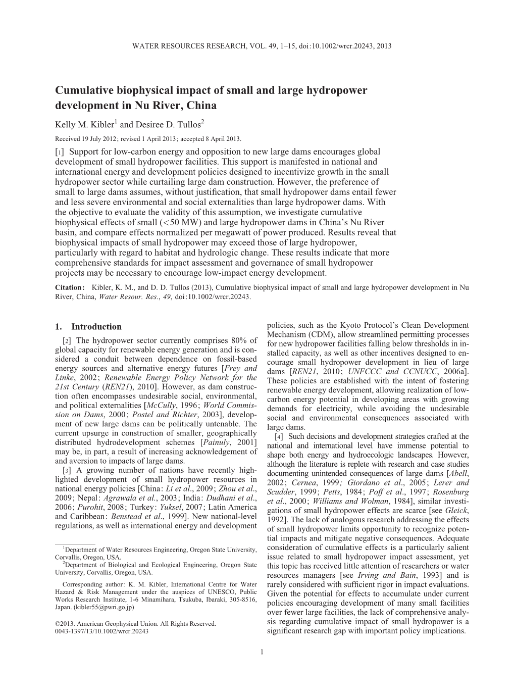 Cumulative Biophysical Impact of Small and Large Hydropower Development in Nu River, China Kelly M