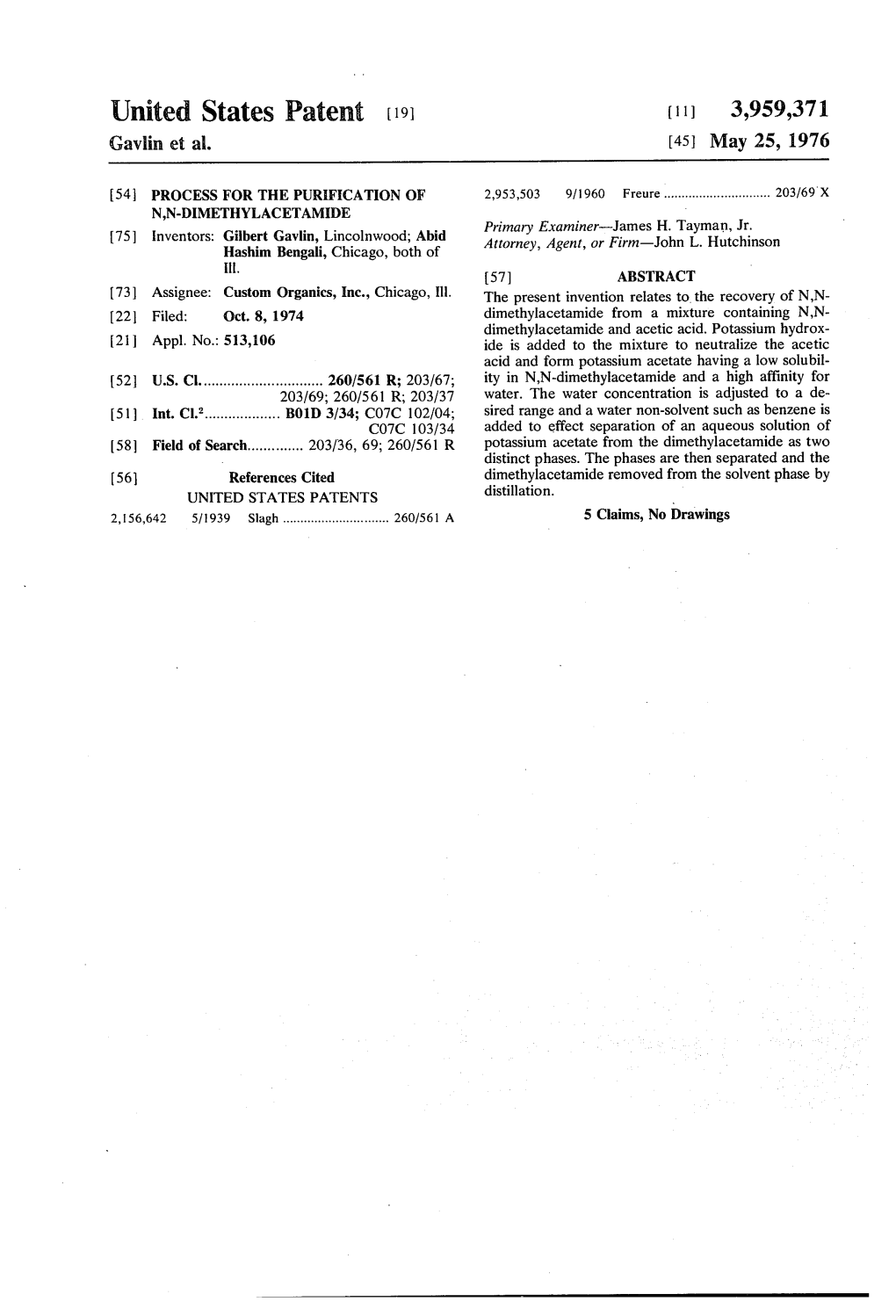 United States Patent (19) (11 3,959,371 Gavlin Et Al