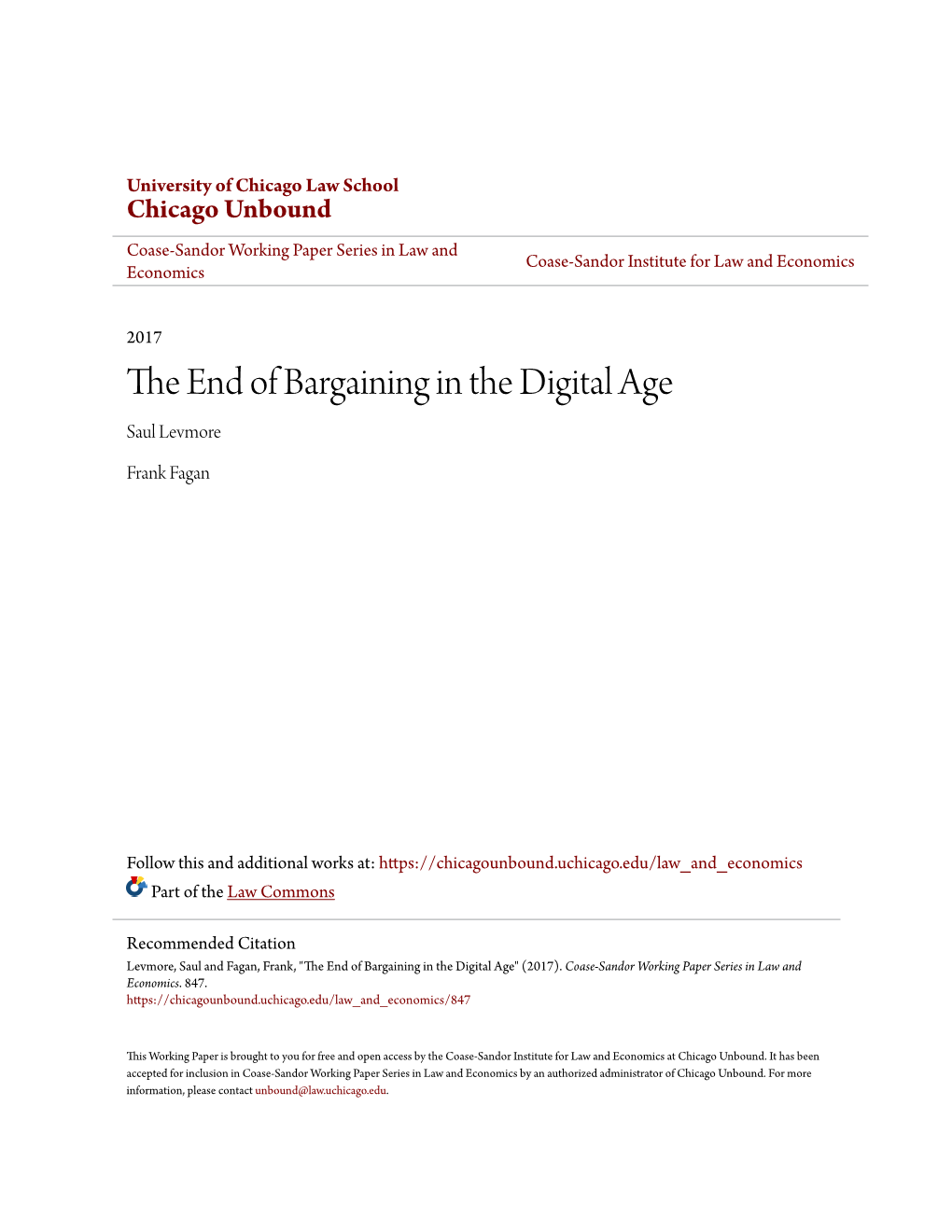 THE END of BARGAINING in the DIGITAL AGE Saul Levmore & Frank Fagan