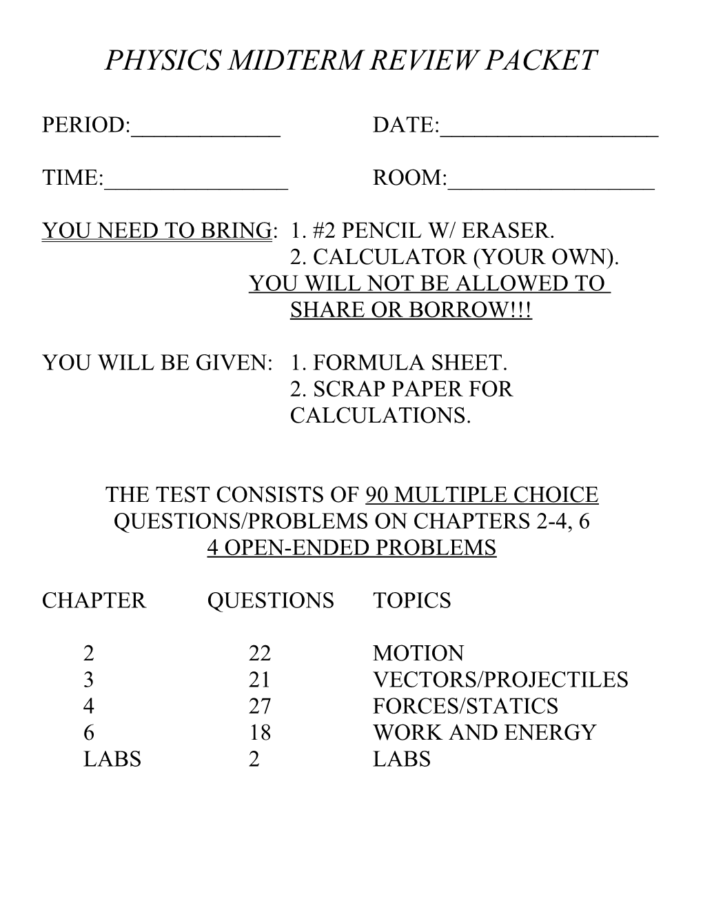 Chemistry Midterm Review Packet