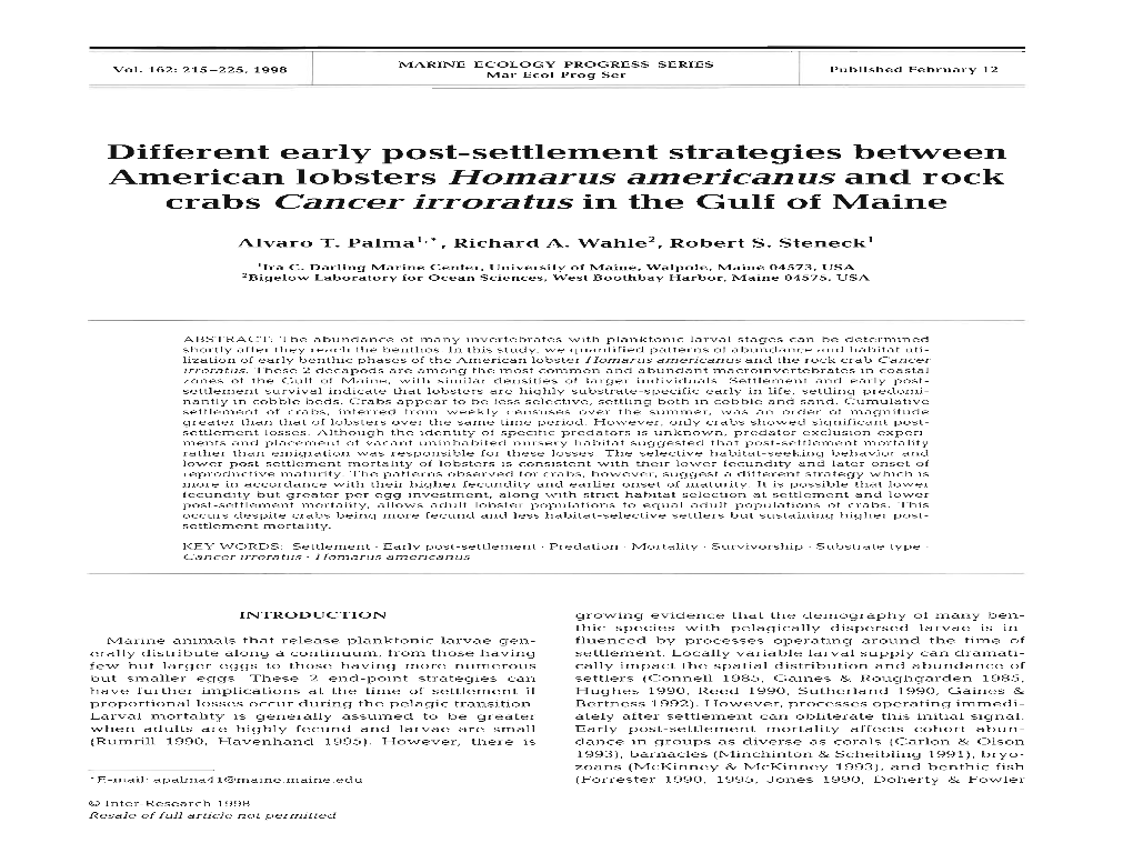 American Lobsters Homarus Americanus and Rock Crabs Cancer Irroratus in the Gulf of Maine