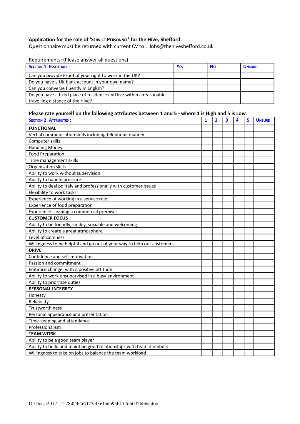 Application for the Role of SERVICE PERSONNEL for the Hive, Shefford