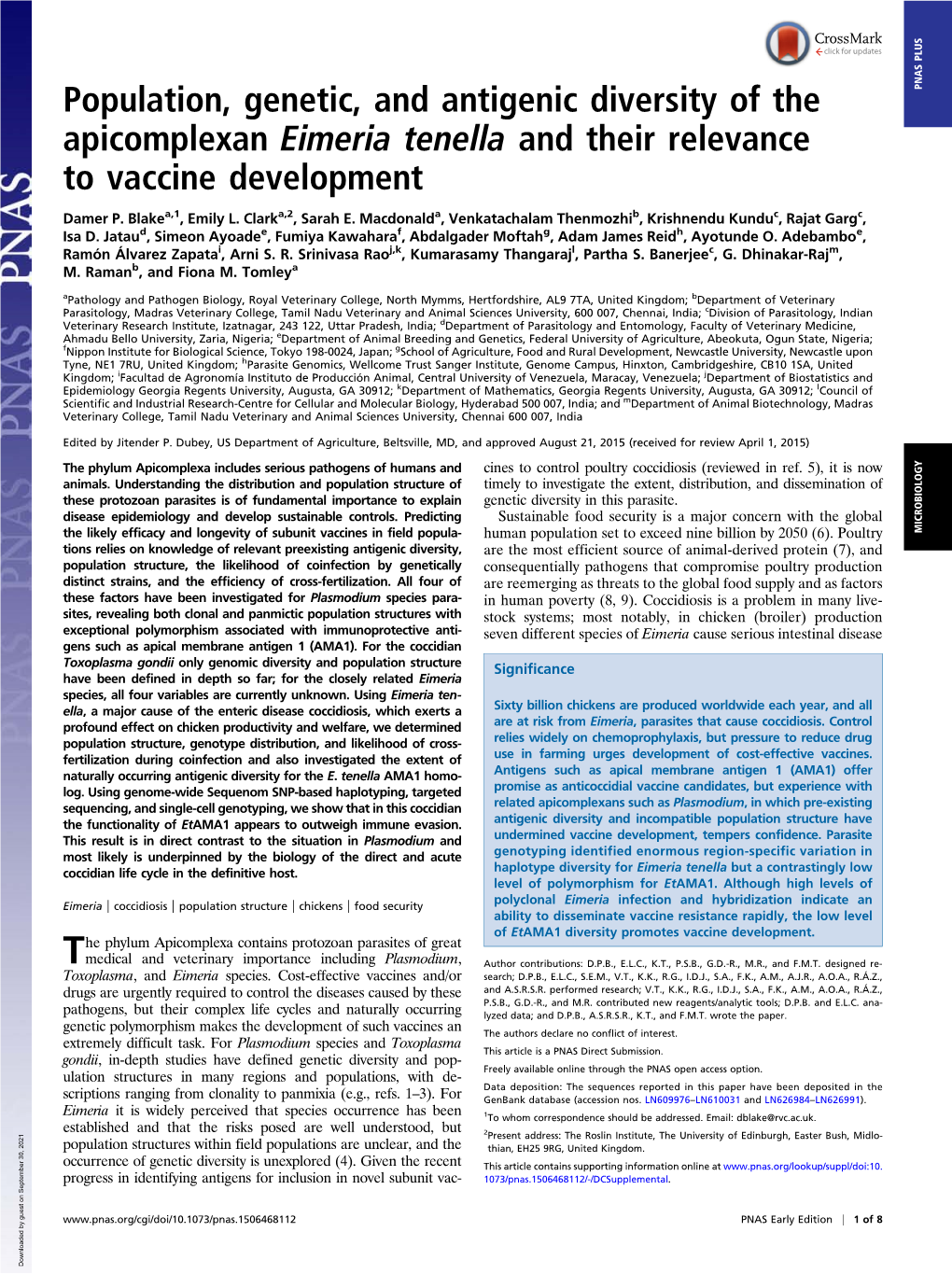 Population, Genetic, and Antigenic Diversity of the PNAS PLUS Apicomplexan Eimeria Tenella and Their Relevance to Vaccine Development