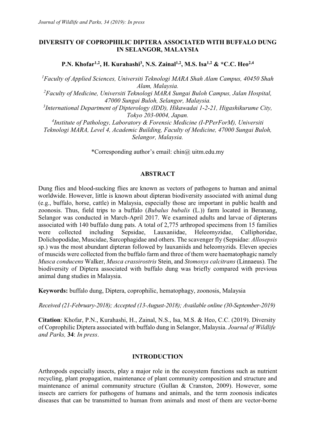 Diversity of Coprophilic Diptera Associated with Buffalo Dung in Selangor, Malaysia