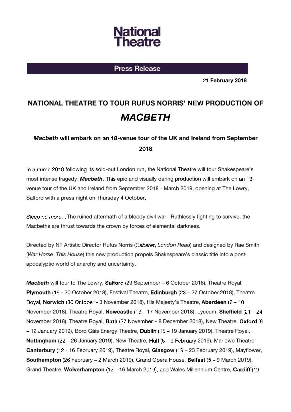 Macbeth Uk and Ireland Tour 2018