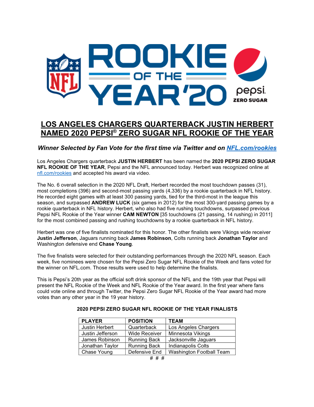 Los Angeles Chargers Quarterback Justin Herbert Named 2020 Pepsi® Zero Sugar Nfl Rookie of the Year