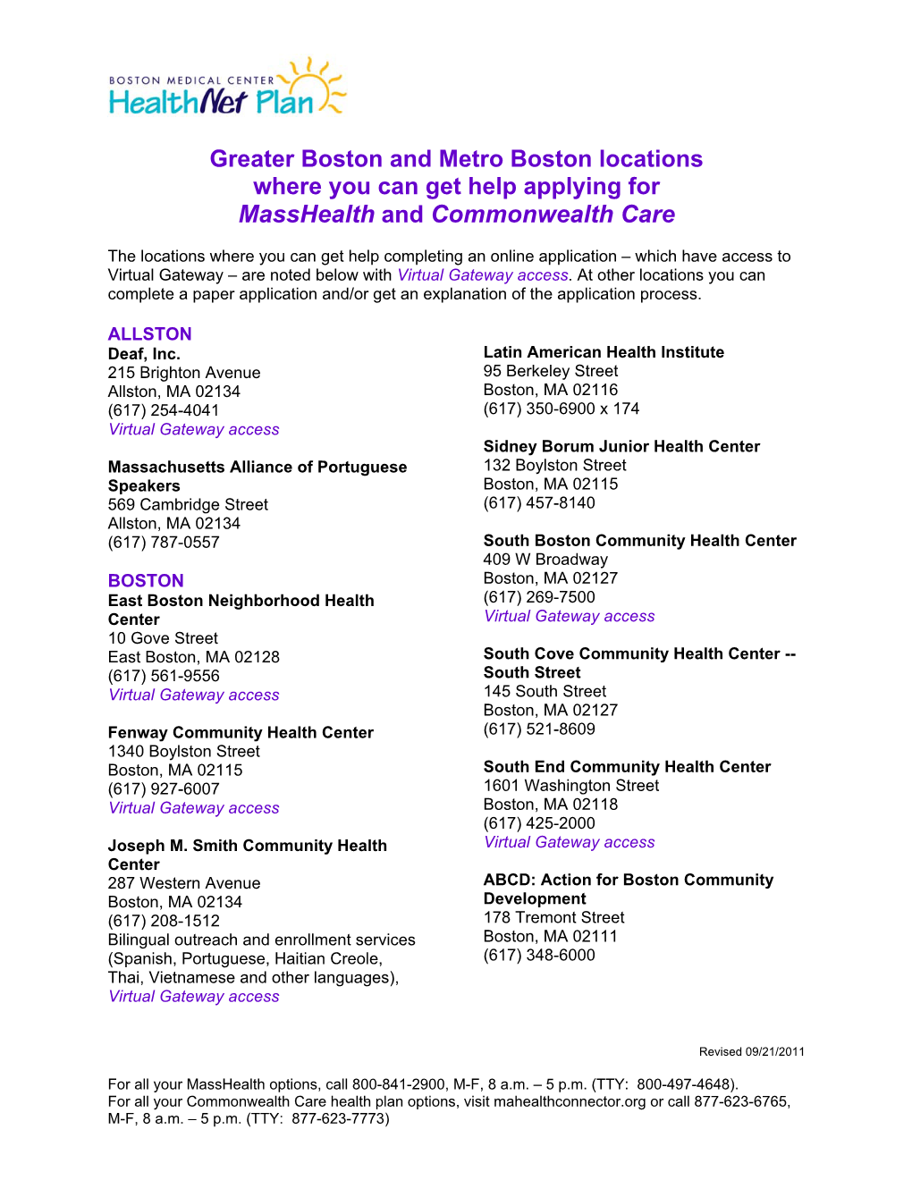 Greater Boston and Metro Boston Locations Where You Can Get Help Applying for Masshealth and Commonwealth Care