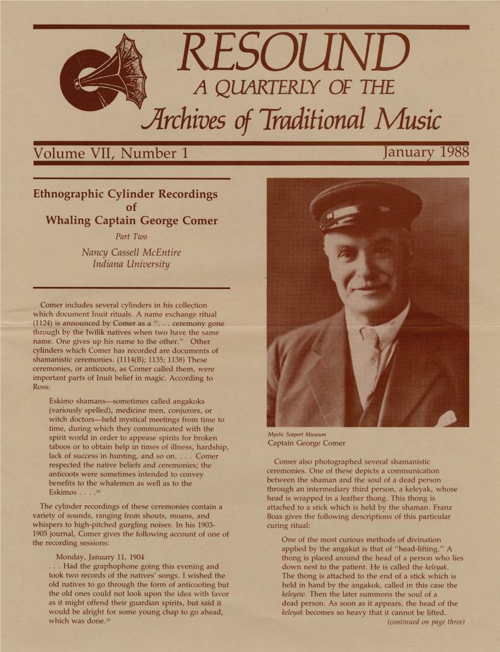 RESOUND a QUARTERLY of the Jirchives of Traditional Music Volume VII, Number 1 January 1988