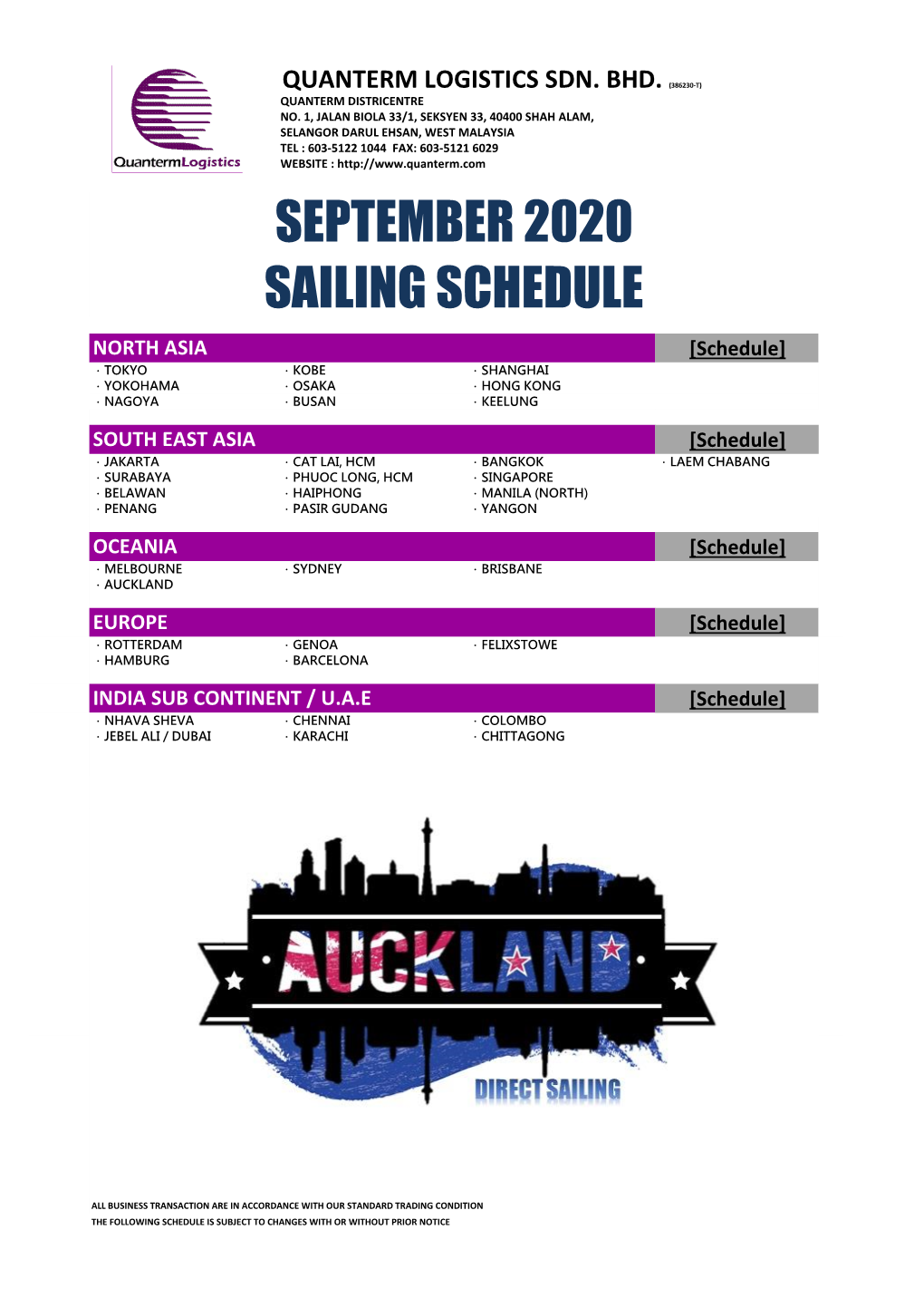 September 2020 Sailing Schedule