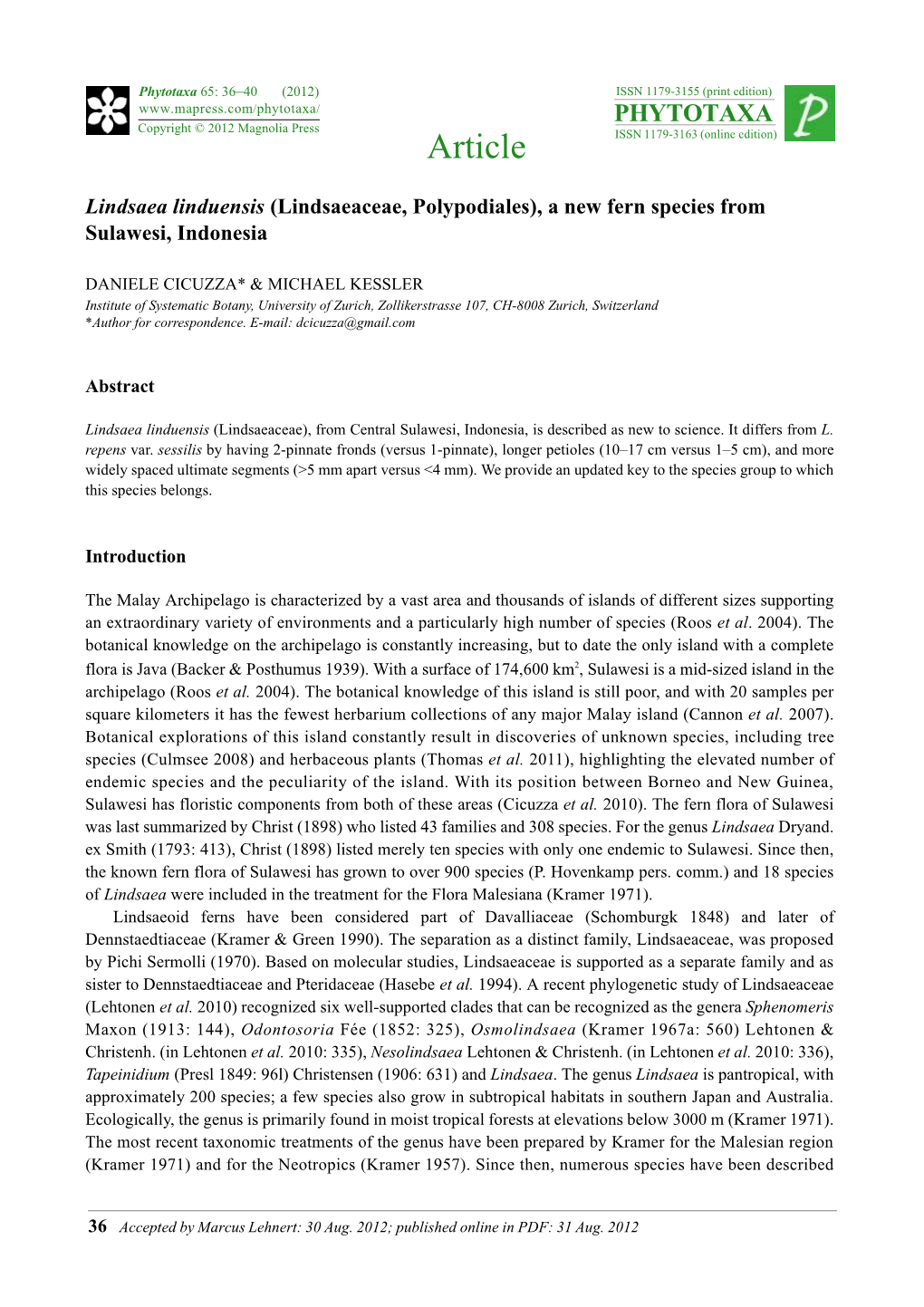 Lindsaea Linduensis (Lindsaeaceae, Polypodiales), a New Fern Species from Sulawesi, Indonesia