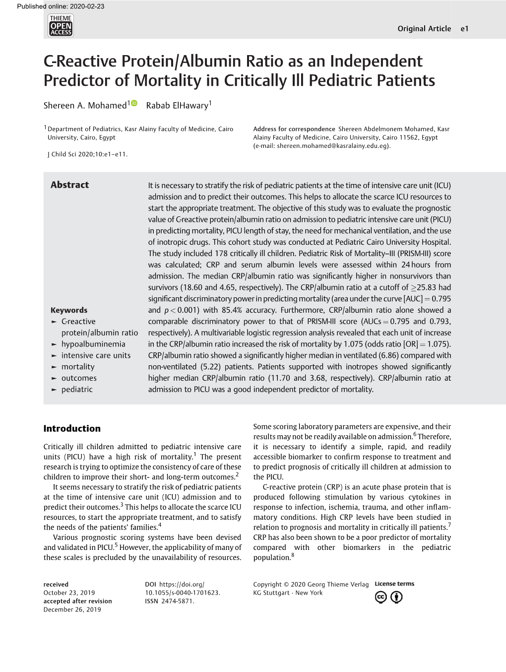 C-Reactive Protein/Albumin Ratio As an Independent Predictor of Mortality in Critically Ill Pediatric Patients