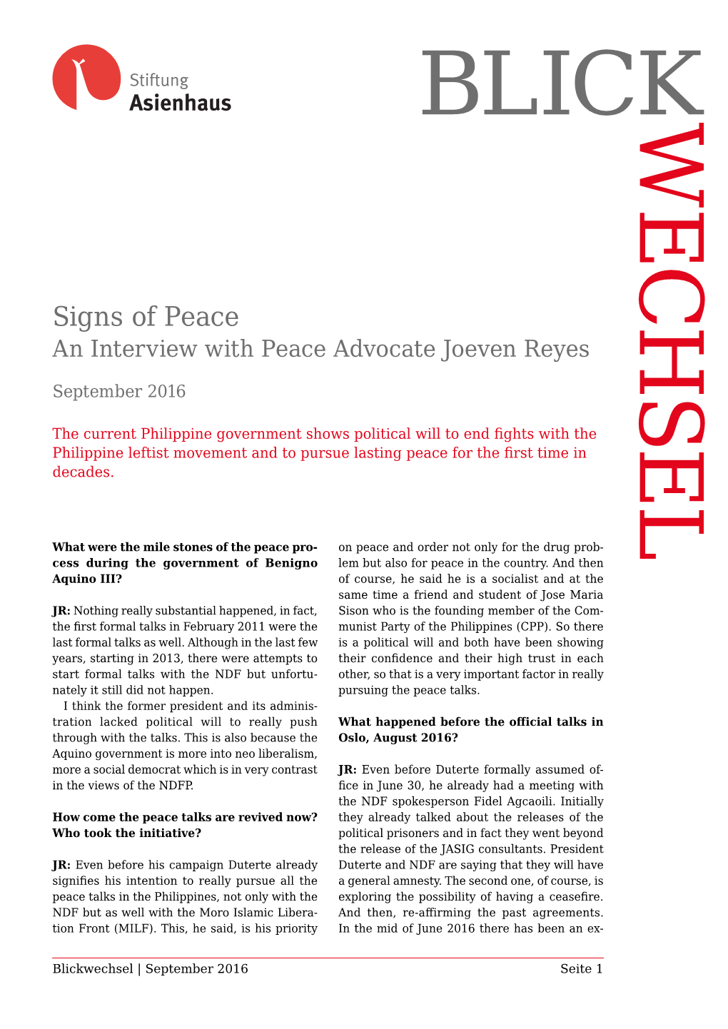 Signs of Peace an Interview with Peace Advocate Joeven Reyes