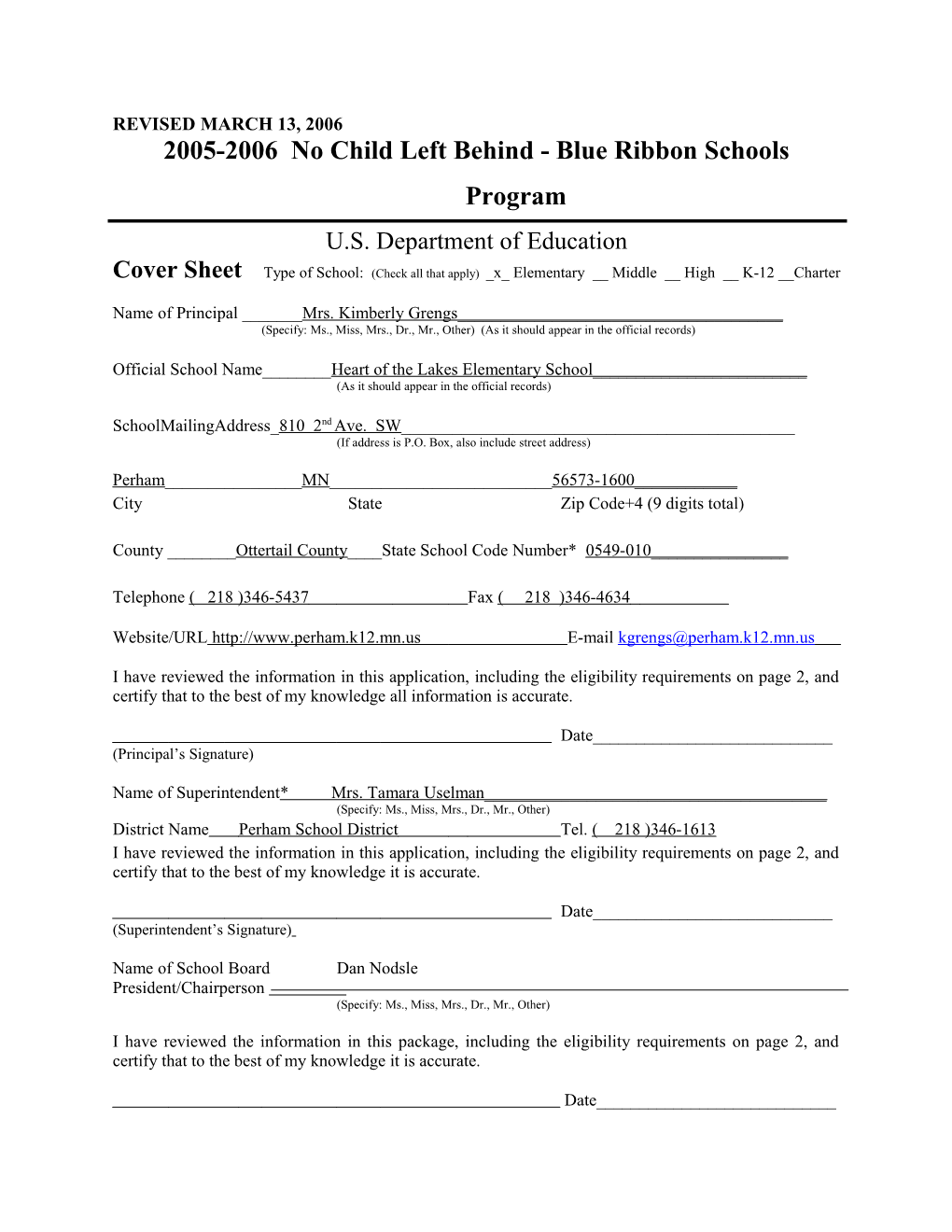 Application: 2005-2006, No Child Left Behind - Blue Ribbon Schools Program (Msword) s2