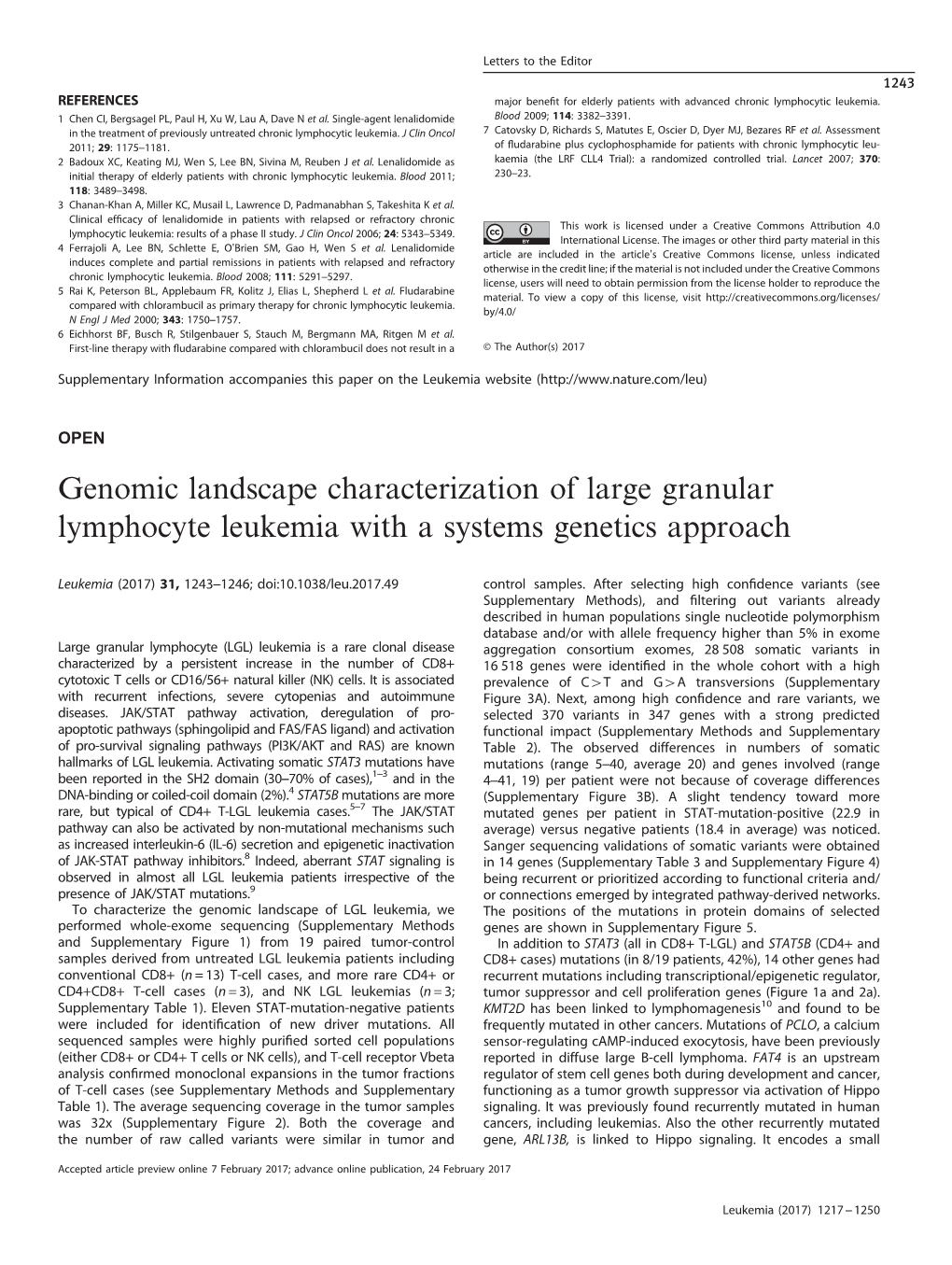Genomic Landscape Characterization of Large Granular Lymphocyte Leukemia with a Systems Genetics Approach
