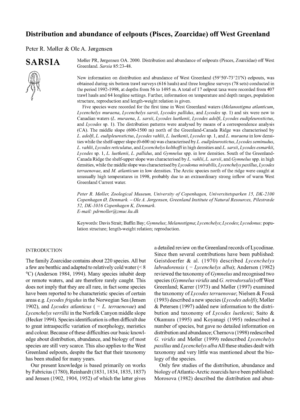 Distribution and Abundance of Eelpouts (Pisces, Zoarcidae) Off West Greenland