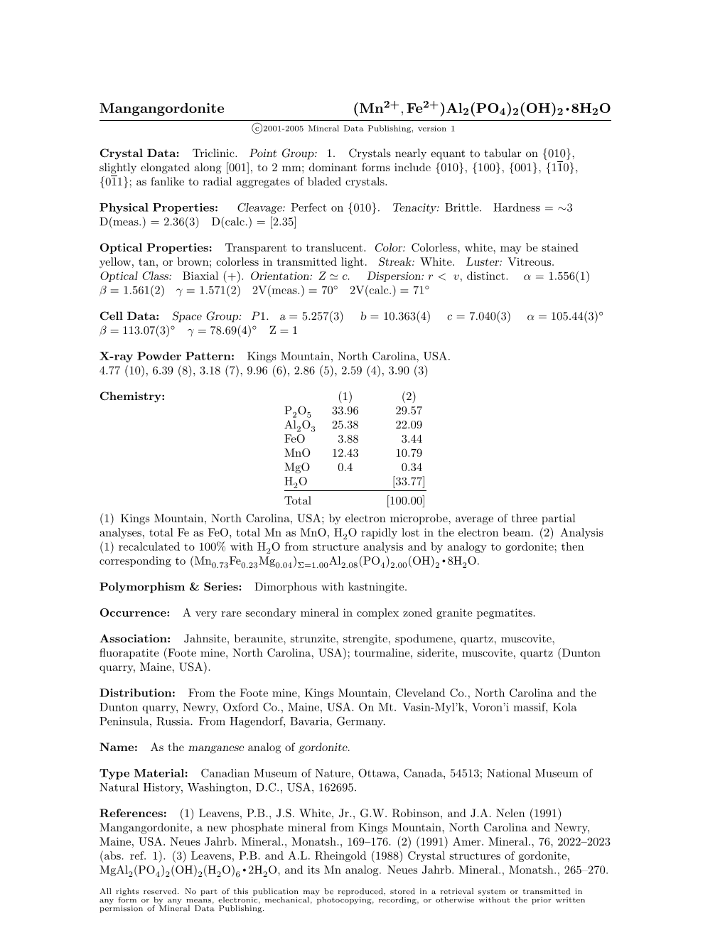 Mangangordonite (Mn , Fe )Al2(PO4)2(OH)2 • 8H2O C 2001-2005 Mineral Data Publishing, Version 1