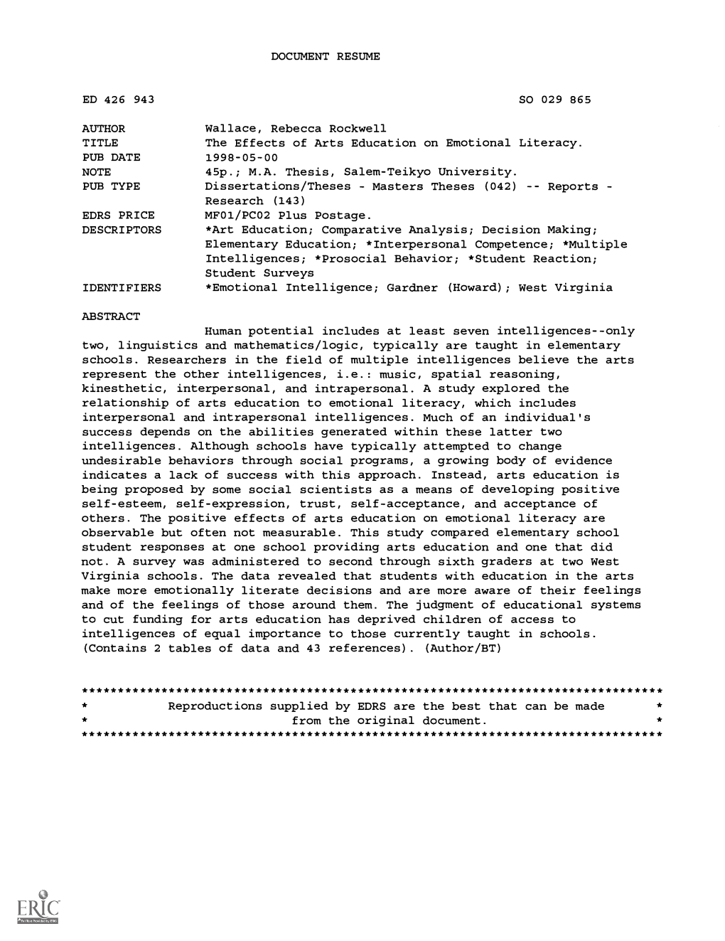 The Effects of Arts Education on Emotional Literacy. PUB DATE 1998-05-00 NOTE 45P.; M.A